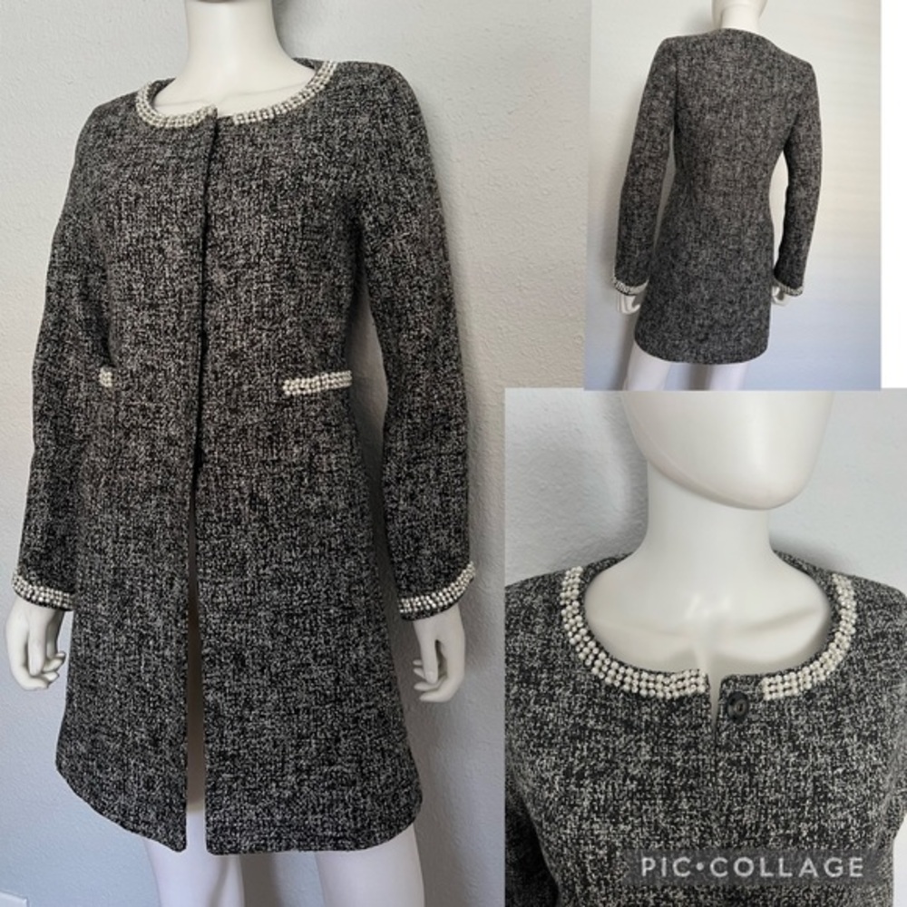 WOMEN TWEED JACKET COLLARLESS‎ ROUND NECK COAT PADDED TRENCH COAT EMBELLISHED